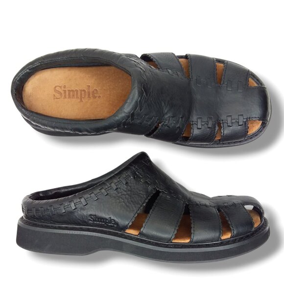 Simple Black Leather Fisherman Sandals Size 10 Slip On Open Heel Comfort - Picture 1 of 12